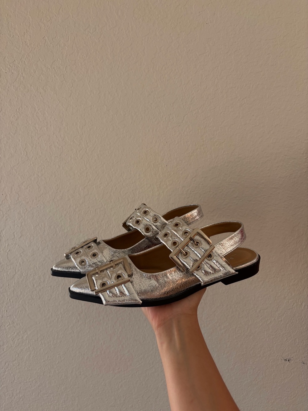 Vintage inspired Silver Metallic Buckle Slingback Mules